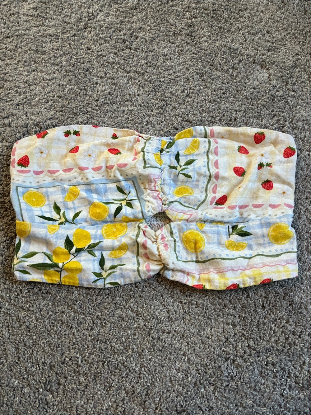 Tulle Lemon & Strawberry Print Tube Top - Yellow, Red, Green ; part linen
